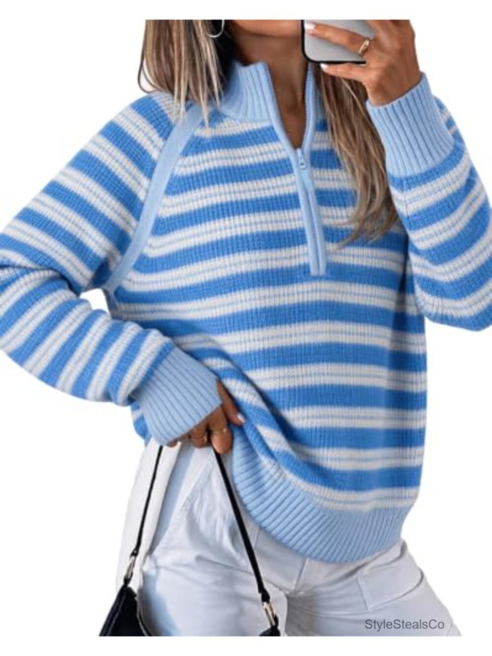 Ribbed Knit Half Zip Striped Pullover Sweater Oversized Thumbholes